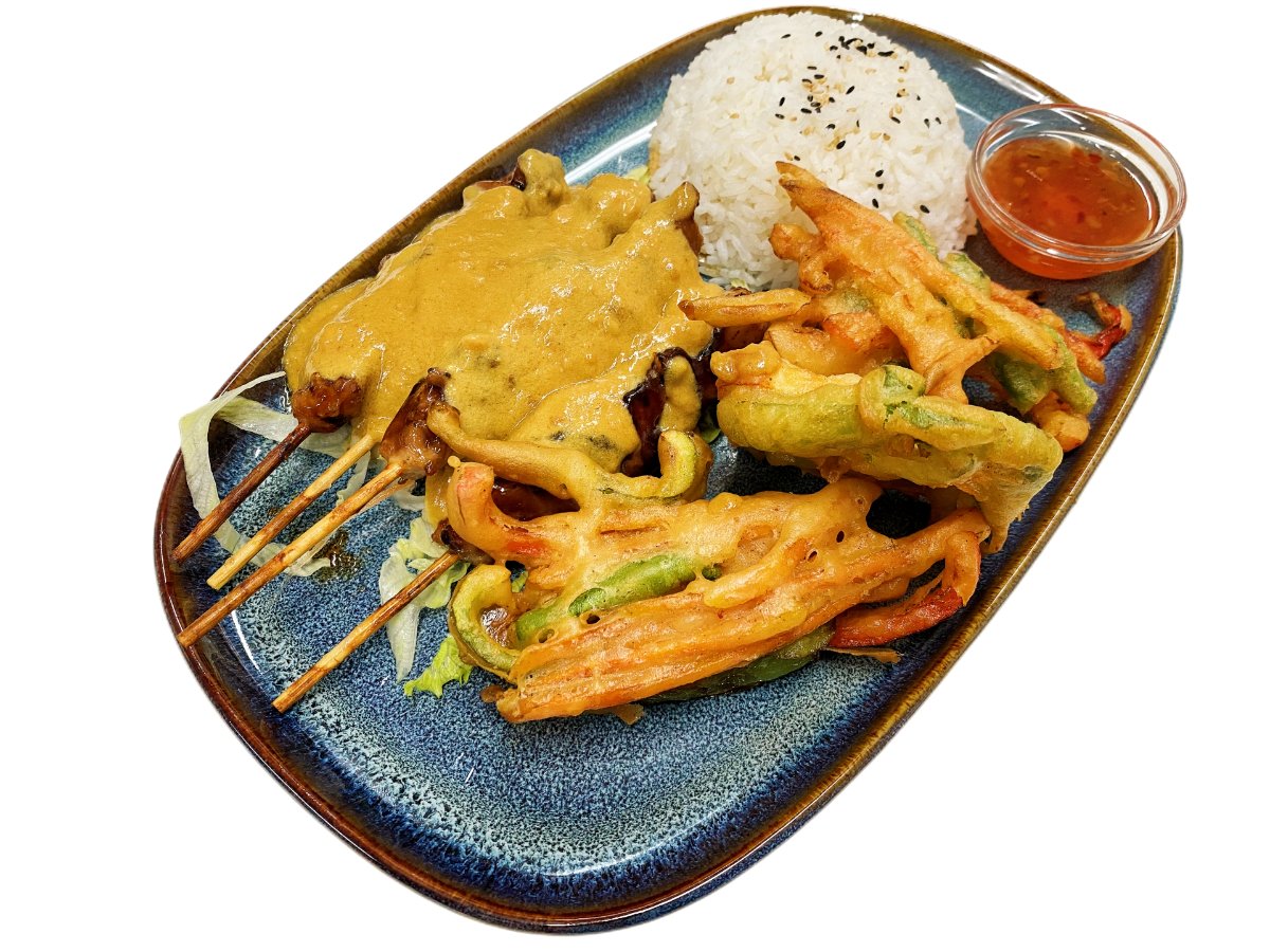 Yakitori med friterade färska grönsaker
